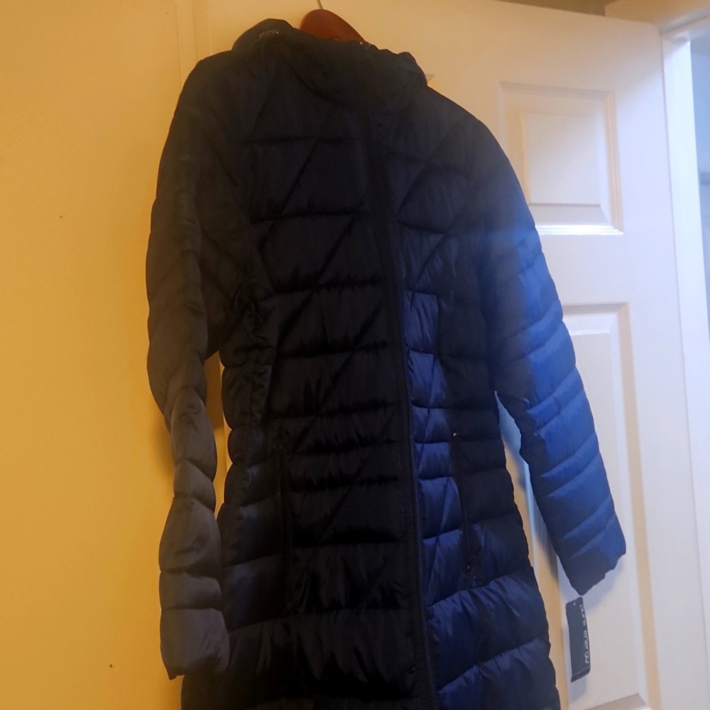 New blue knee length puffer jacket
